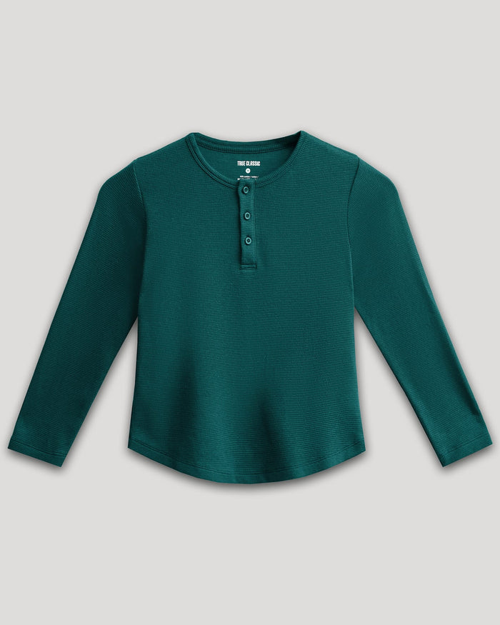 Boys Deep Emerald Long Sleeve Waffle Henley with button placket.