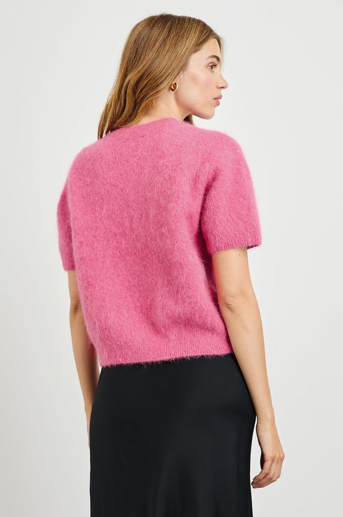 Briar Short-Sleeve Top with a Crew Neck and Ribbed Trim in Carmine Colorway - Back View Featured on Model