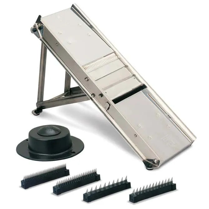 Bron Super Pro Mandoline with stainless steel body, accompanied by 5 interchangeable julienne blades and a black protective cover.