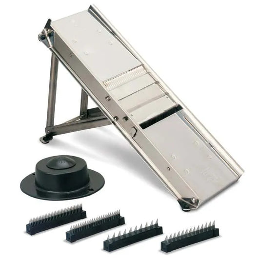 Bron Super Pro Mandoline with stainless steel body, accompanied by 5 interchangeable julienne blades and a black protective cover.