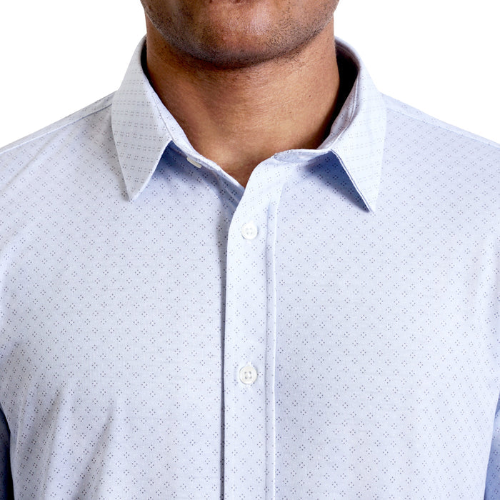 close up view of the collar and neck area of  a light blue button up knit shirt on a black male model