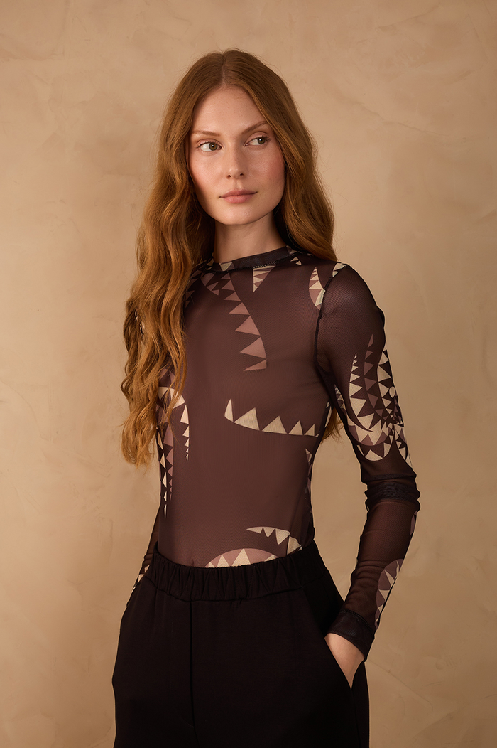 Brown Coqueiral Crew NeckTulle Blouse_1