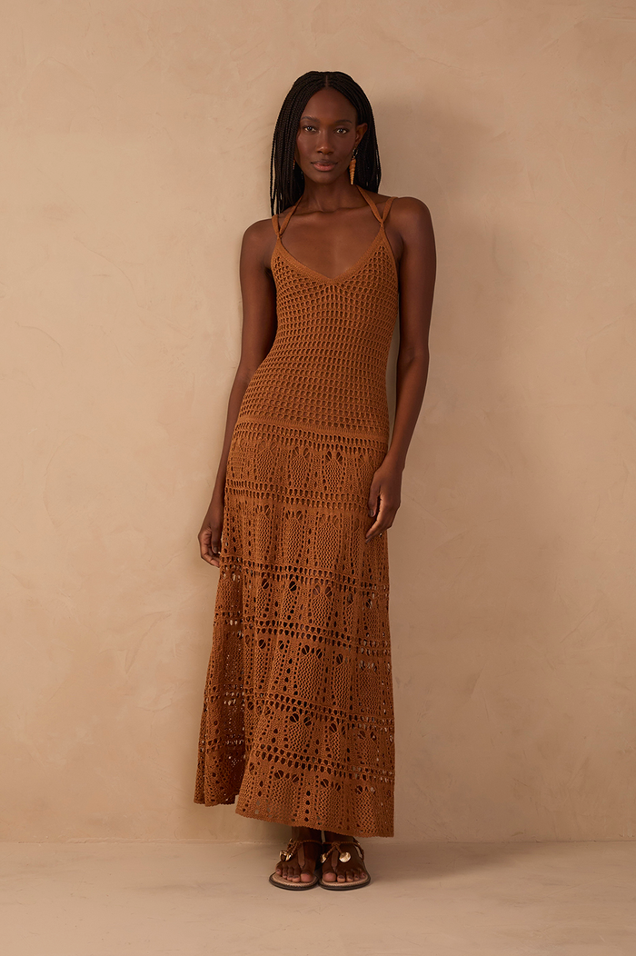 Brown V Neck Open Tricot Maxi Dress_1