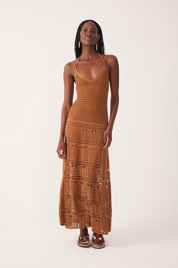 Brown V Neck Open Tricot Maxi Dress_2