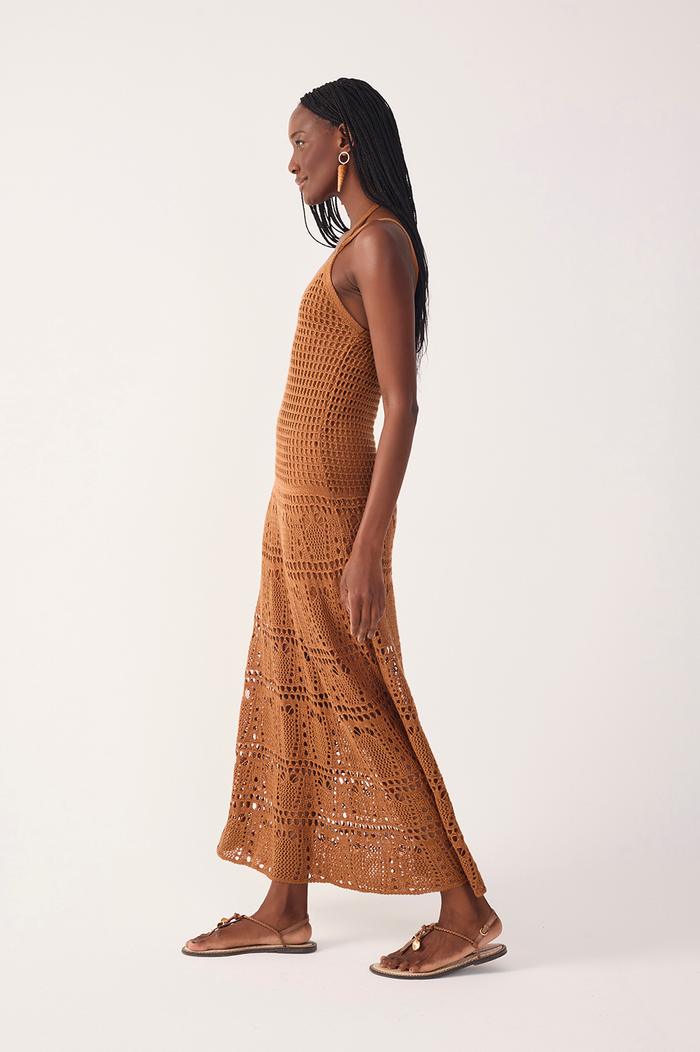 Brown V Neck Open Tricot Maxi Dress_3