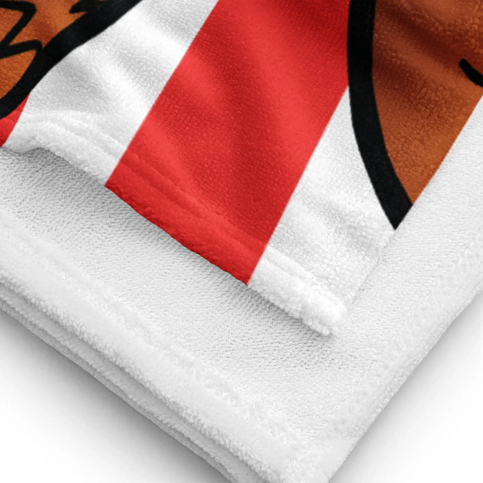 Buff Sunrise Beach Towel - The jarring juxtaposition of a vacant, wide-eyed fish face atop a hyper-vascular, Mr. Olympia-style physique rendered in #D35400 orange, with olive-chartreuse whiskers (#808000), deep magenta swim briefs (#8B008B), and intense candy apple red sunburst rays (#FF0800).