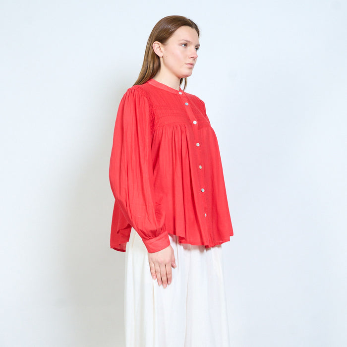 Button front blouse with pintuck yoke and gathered fit wholesale