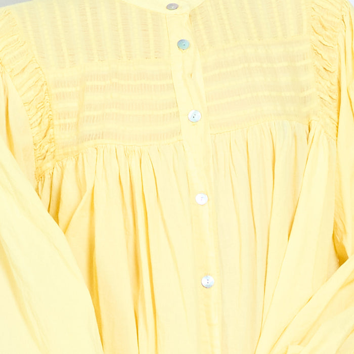 Button front blouse with pintuck yoke and gathered fit wholesale