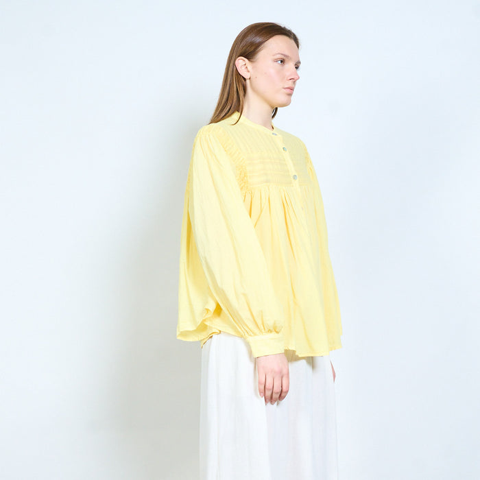 Button front blouse with pintuck yoke and gathered fit wholesale