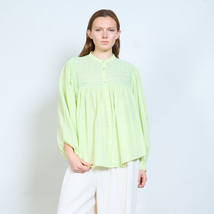 Button front blouse with pintuck yoke and gathered fit wholesale