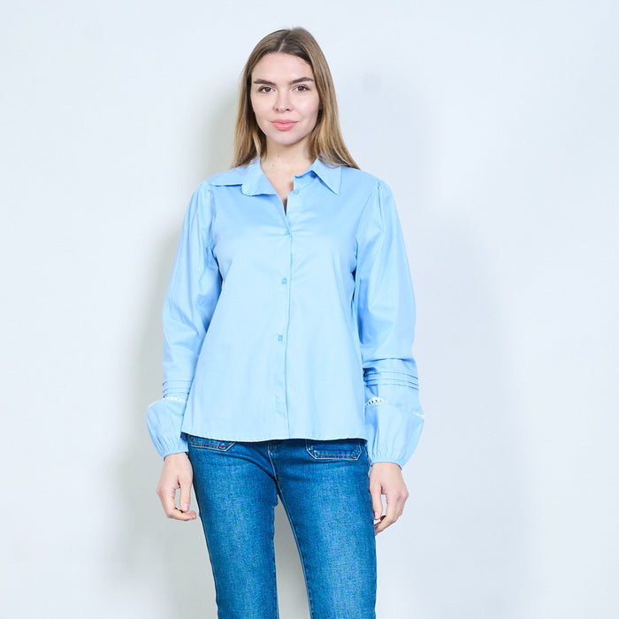 Button-front classic collar long sleeve blouse with decorative trim detail wholesale
