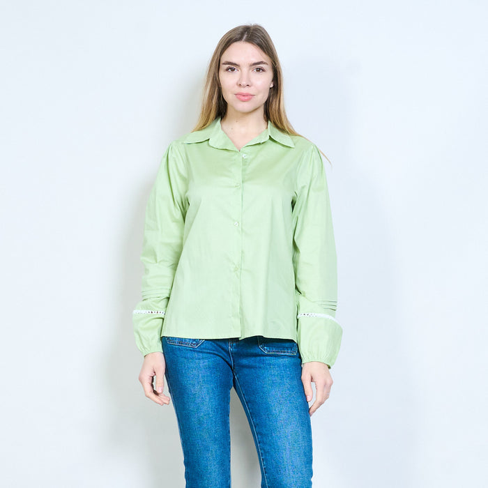 Button-front classic collar long sleeve blouse with decorative trim detail wholesale