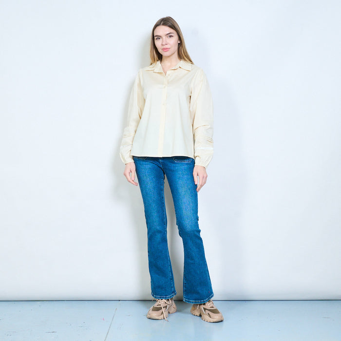 Button-front classic collar long sleeve blouse with decorative trim detail wholesale