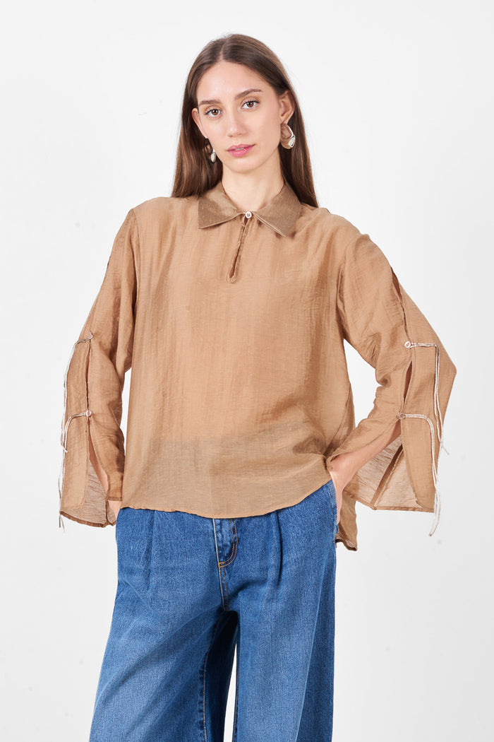 Button front collared long sleeve relaxed fit blouse with sleeve detail wholesale