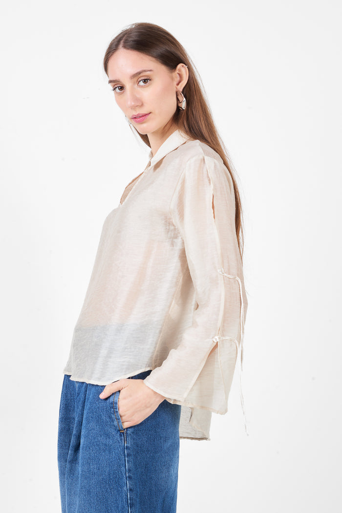 Button front collared long sleeve relaxed fit blouse with sleeve detail wholesale