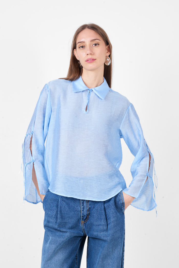Button front collared long sleeve relaxed fit blouse with sleeve detail wholesale