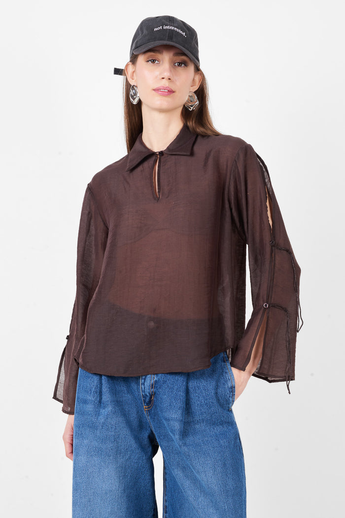Button front collared long sleeve relaxed fit blouse with sleeve detail wholesale