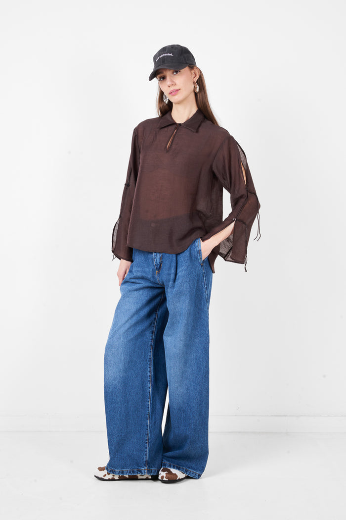 Button front collared long sleeve relaxed fit blouse with sleeve detail wholesale