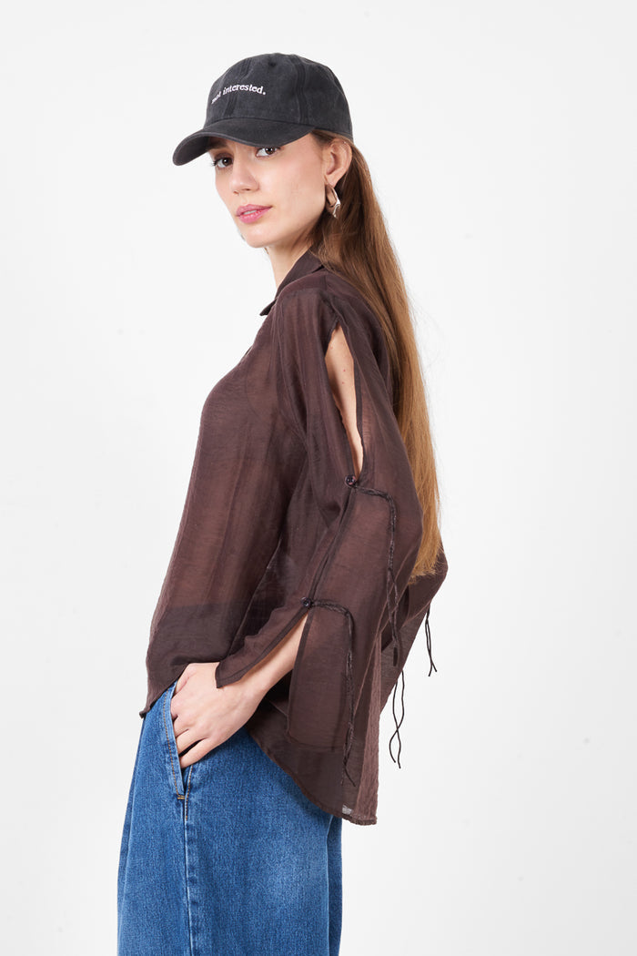 Button front collared long sleeve relaxed fit blouse with sleeve detail wholesale
