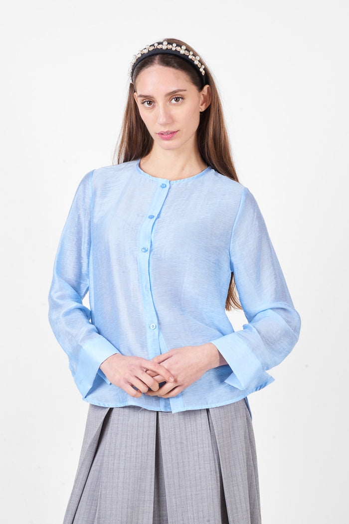 Button front round neckline long sleeve relaxed fit lightweight shirt wholesale