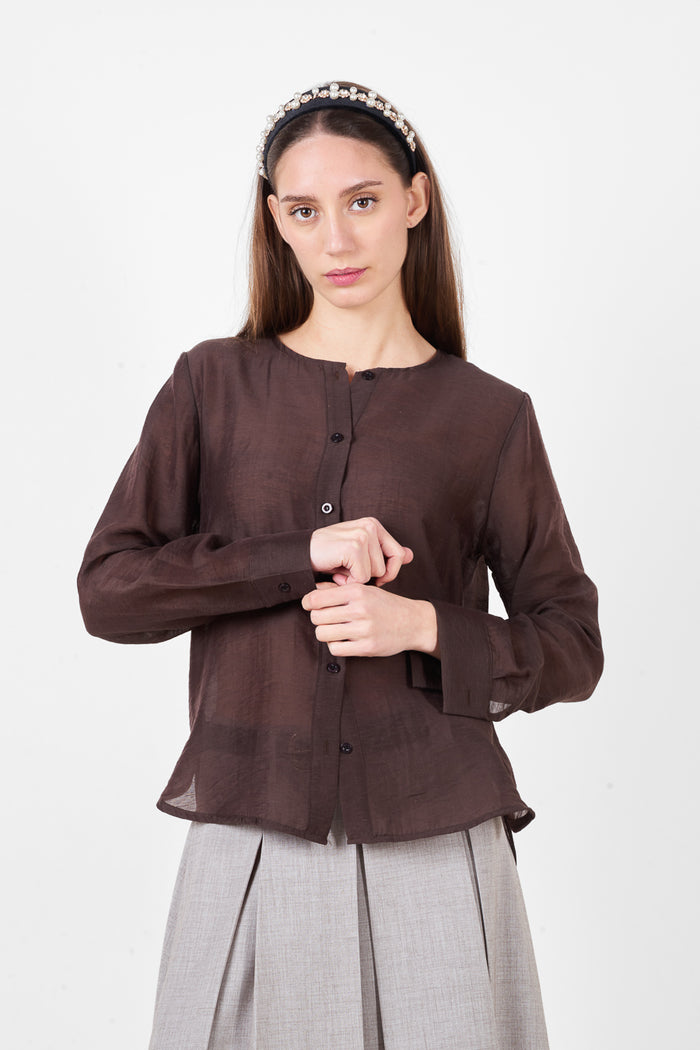 Button front round neckline long sleeve relaxed fit lightweight shirt wholesale