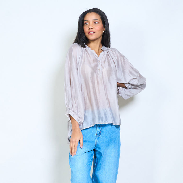 Button placket sheer long sleeve relaxed blouse wholesale