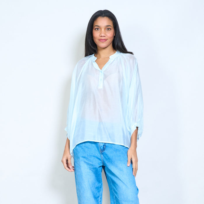 Button placket sheer long sleeve relaxed blouse wholesale