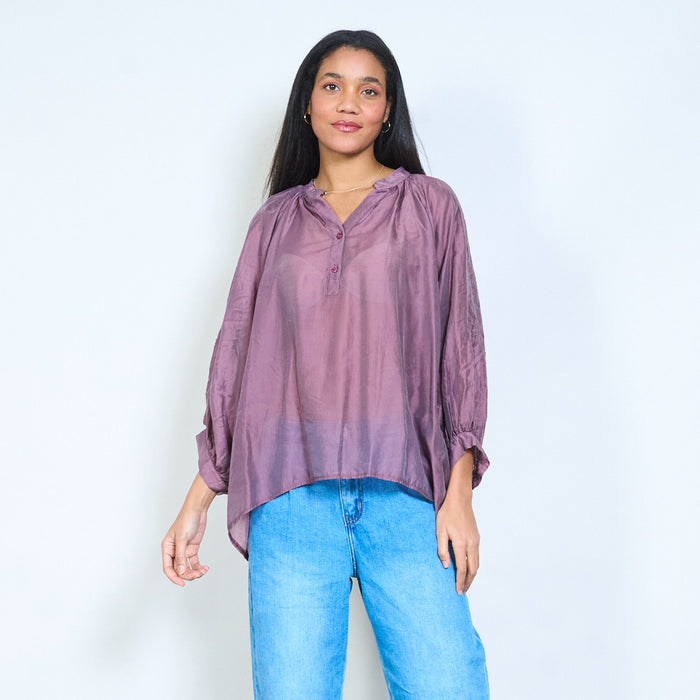 Button placket sheer long sleeve relaxed blouse wholesale