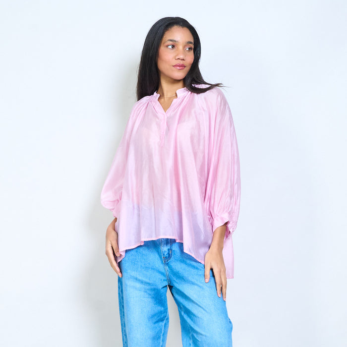 Button placket sheer long sleeve relaxed blouse wholesale