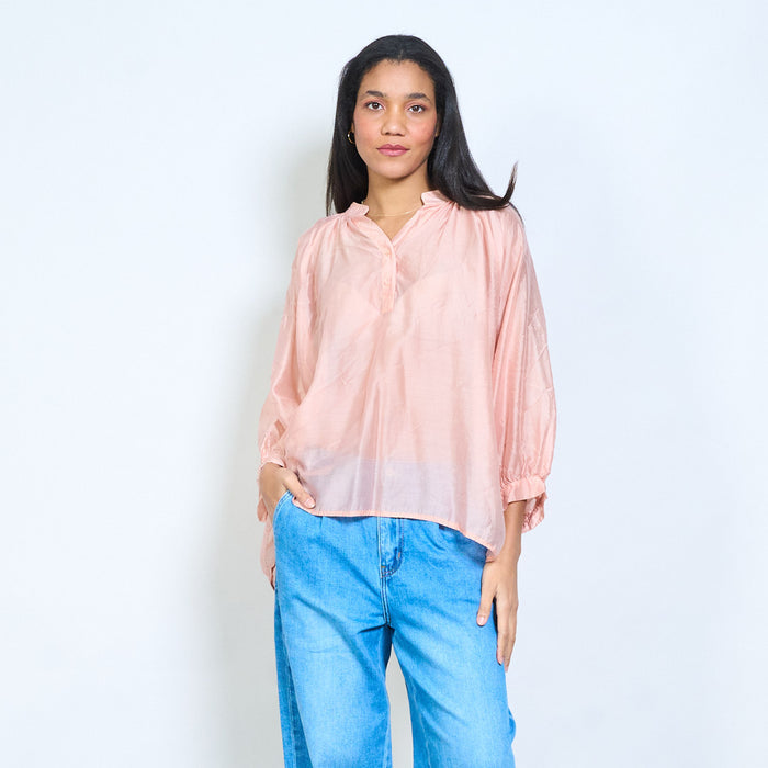 Button placket sheer long sleeve relaxed blouse wholesale