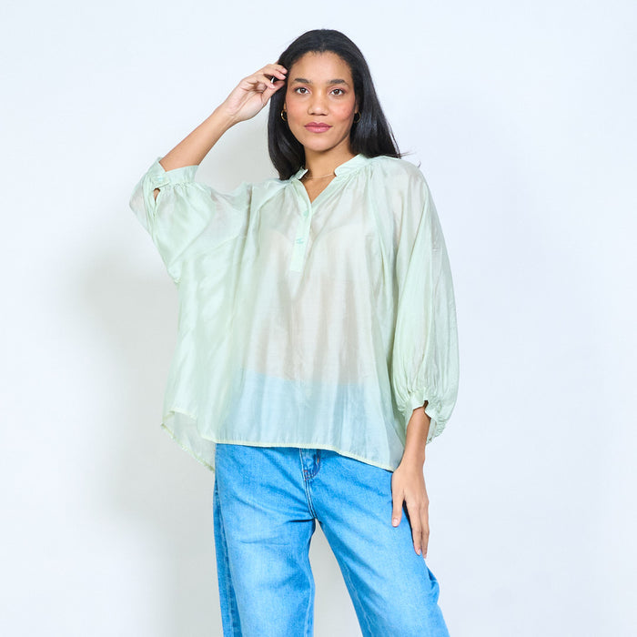 Button placket sheer long sleeve relaxed blouse wholesale
