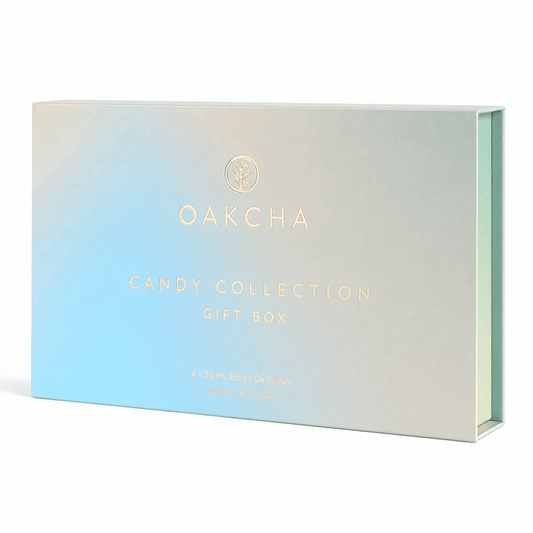 Front view of Candy Collection Gift Box Set showcasing iridescent pastel rectangular box with gold Oakcha logo on white background