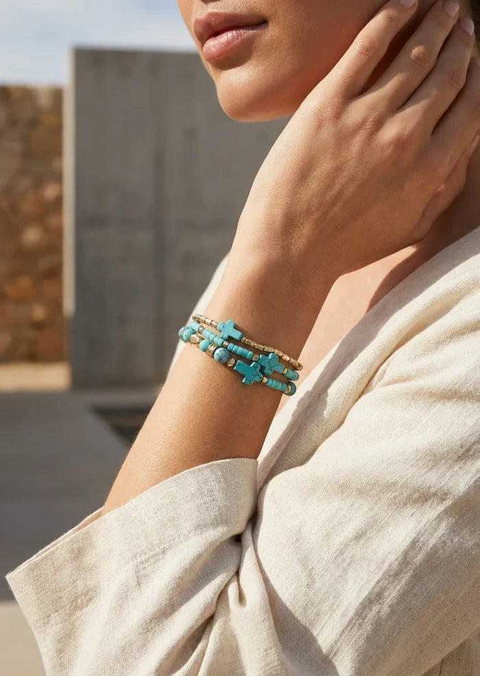 Cassie Cross Triple Bracelet Gold/Aqua
