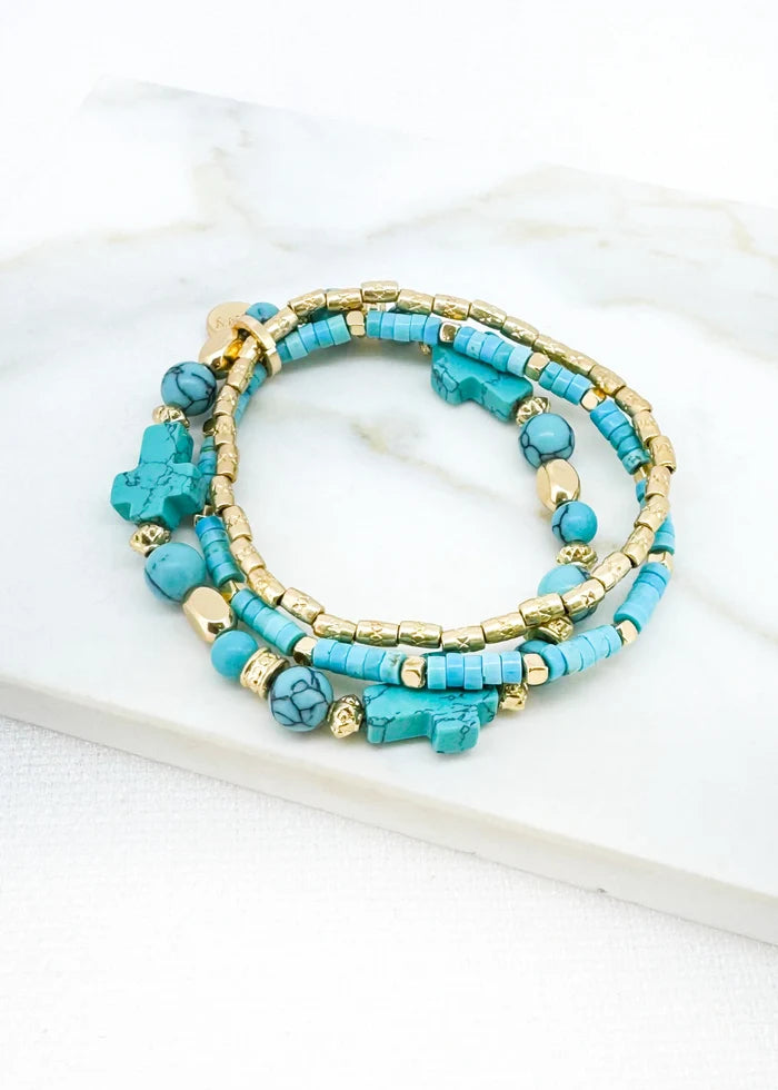 Cassie Cross Triple Bracelet Gold/Aqua