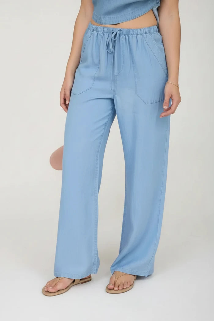 Chambray  Wide Leg Drawstring Pants