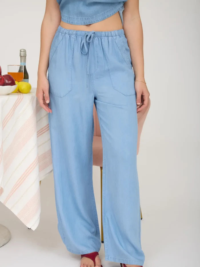 Chambray  Wide Leg Drawstring Pants