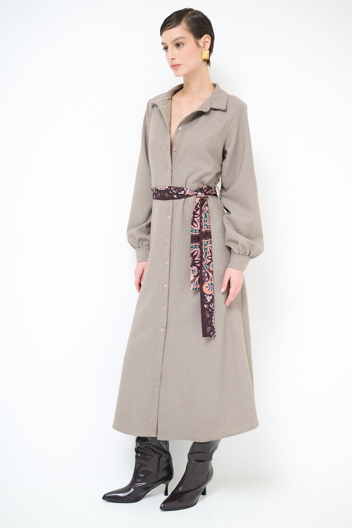 Chequered textured button-down midi dress with printed sash belt wholesale
