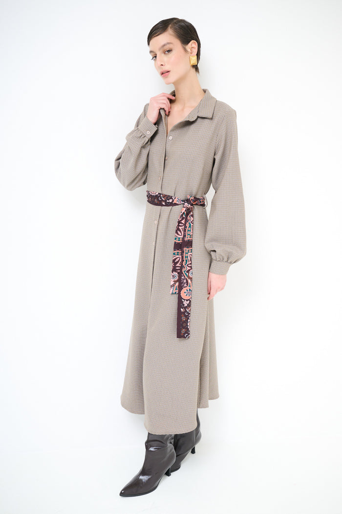 Chequered textured button-down midi dress with printed sash belt wholesale