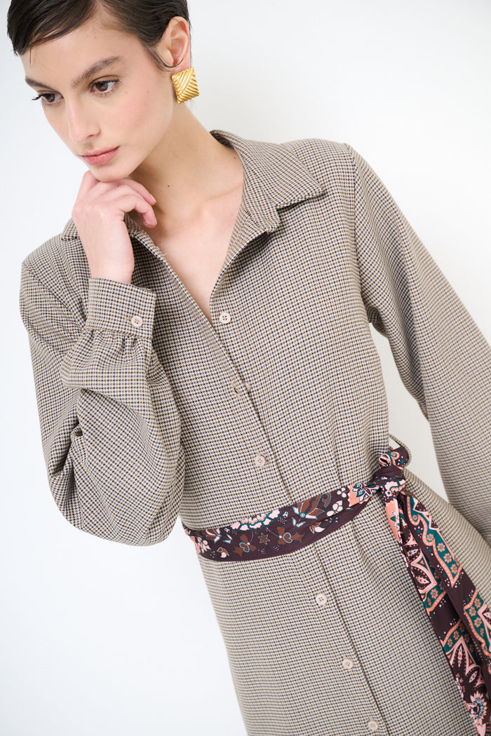 Chequered textured button-down midi dress with printed sash belt wholesale