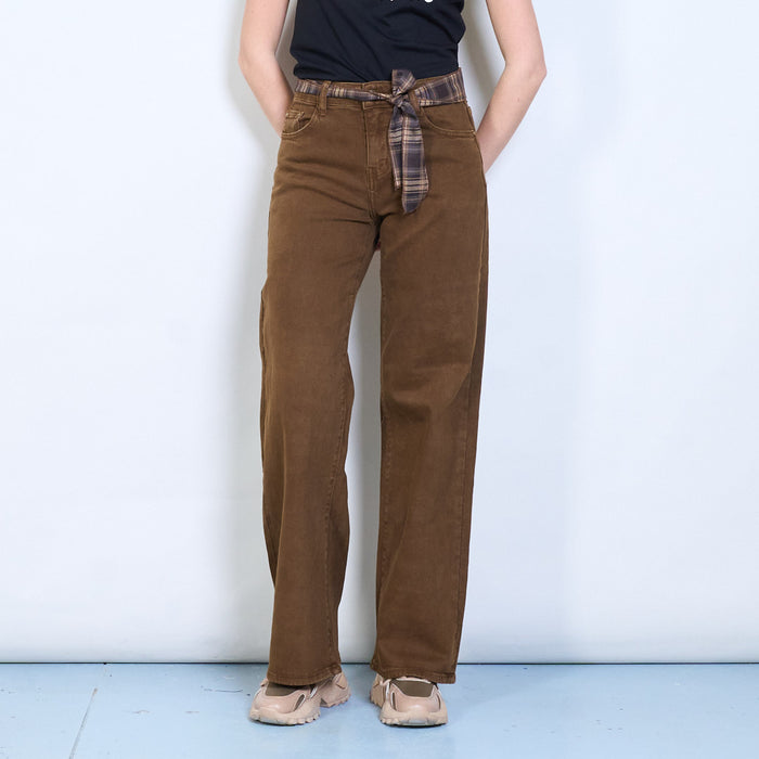 Chequered waist tie detailed straight leg trouser wholesale
