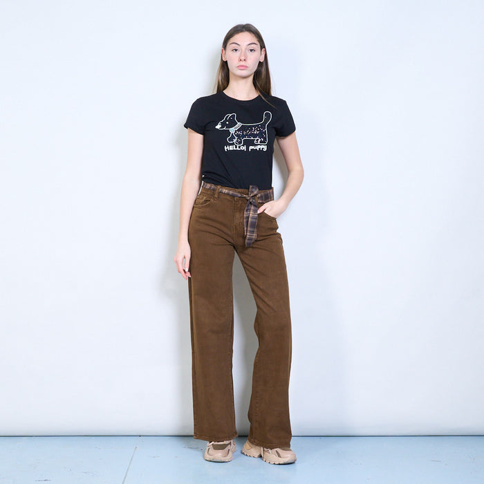 Chequered waist tie detailed straight leg trouser wholesale