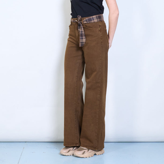 Chequered waist tie detailed straight leg trouser wholesale