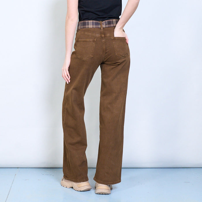 Chequered waist tie detailed straight leg trouser wholesale