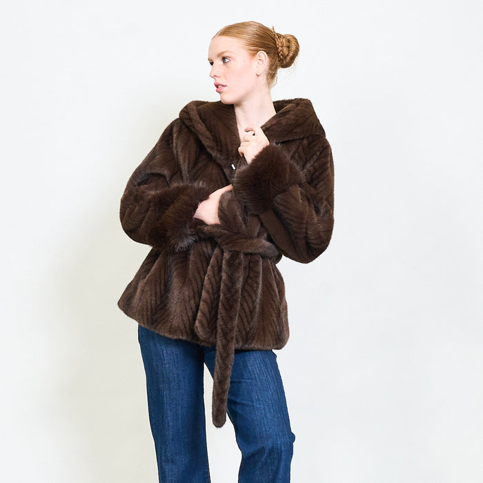Chevron faux fur belted hooded coat wholesale