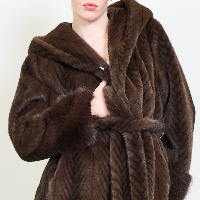Chevron faux fur belted hooded coat wholesale