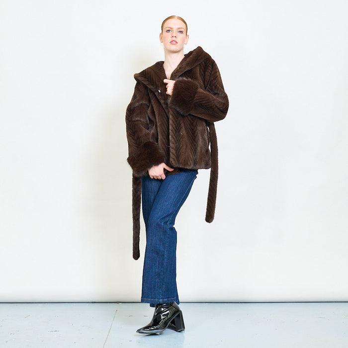 Chevron faux fur belted hooded coat wholesale
