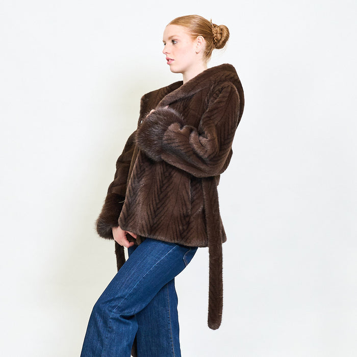Chevron faux fur belted hooded coat wholesale