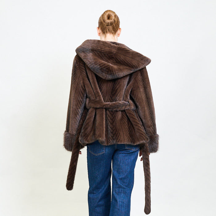 Chevron faux fur belted hooded coat wholesale
