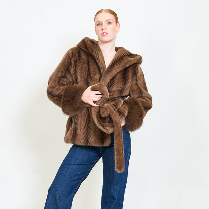 Chevron faux fur belted hooded coat wholesale