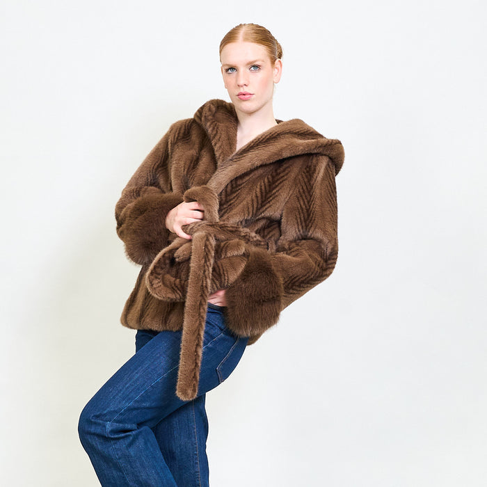 Chevron faux fur belted hooded coat wholesale
